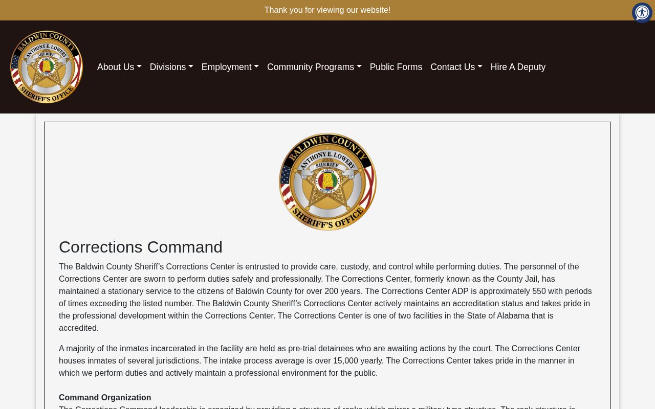 Baldwin County Sheriff's Corrections Command page describing intake and release functions
