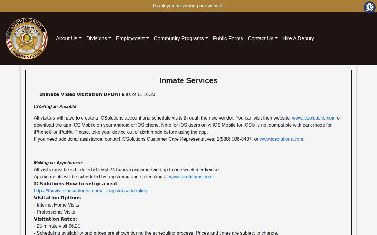 Baldwin County Sheriff's Corrections Center release records and inmate services source