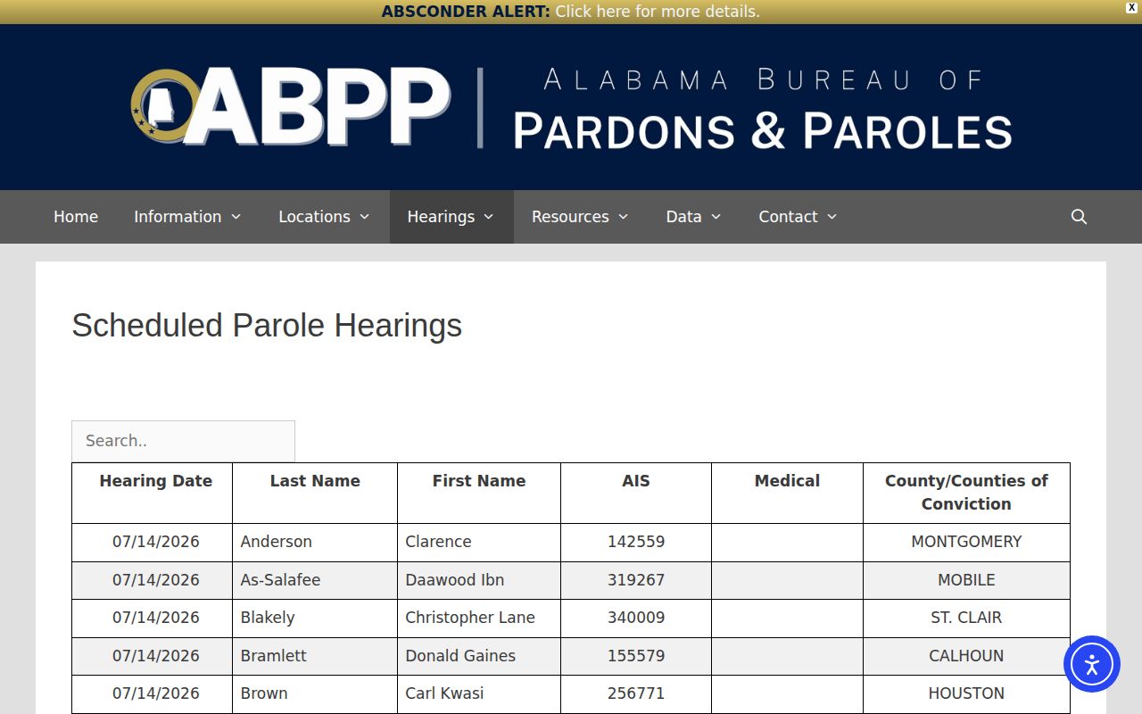 Scheduled parole hearings page from Alabama Bureau of Pardons and Paroles