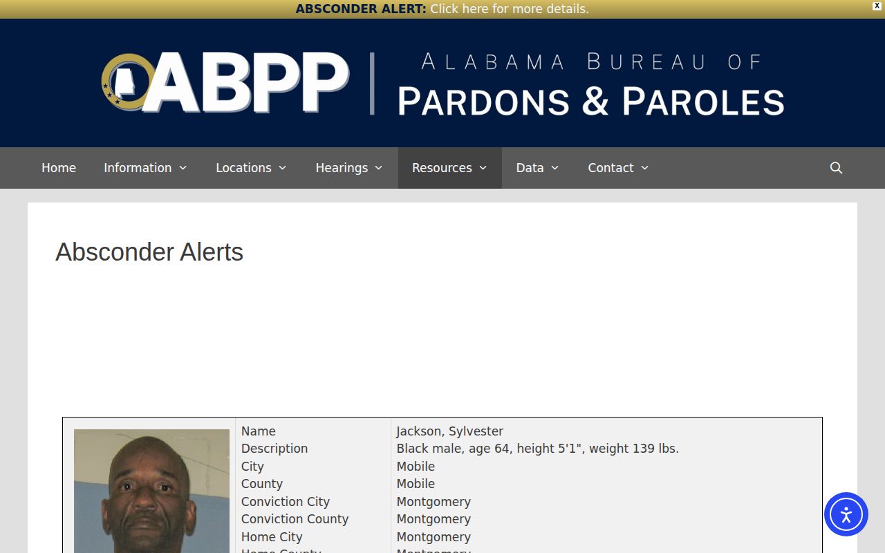 Alabama Bureau of Pardons and Paroles absconder alerts page